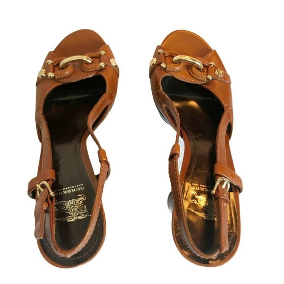 BURBERRY Women’s Sz 39 US 8.5 Carmel Brown Equestrian Style Sling Back Heels - Picture 4 of 12